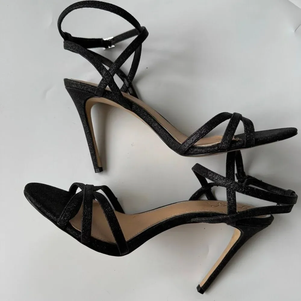 Badgley Mischka Open Toe Black Metallic Stiletto Party Strappy 4.5” Heel Size 10